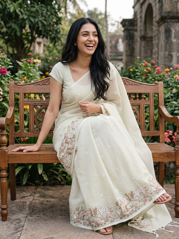 Mul Chanderi Pale Green White Striped Animal Swan Lotus Embroidered Border Tassels Saree