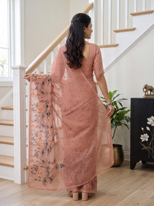 Net Kota Peach Saree with Delicate Floral  Embroidered