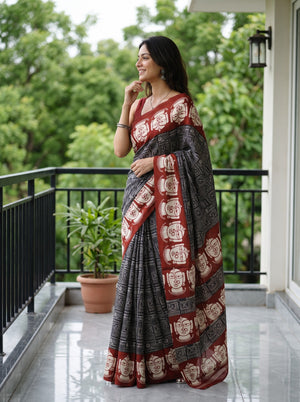 Synthetic Black Rust Red Script Print Jagannath Face Motif Saree