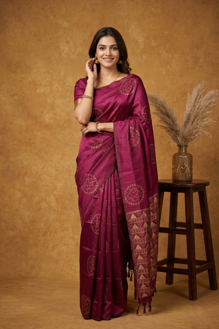 Woman in a maroon saree with intricate patterns standing next to a wooden stool with decorative elements.