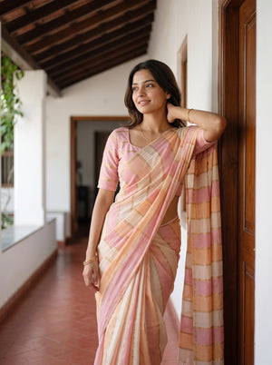 Chanderi Cotton Pastel Ombre Stripe Saree with Golden Zari Lines
