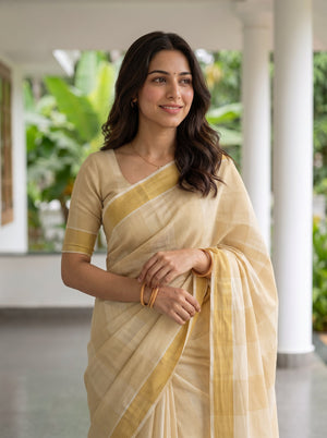 Tissue Cream Golden Windowpane Check Kerala Saree with Tassel Pallu