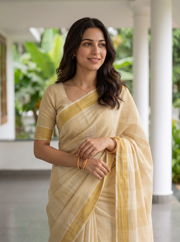 Tissue Cream Golden Windowpane Check Kerala Saree with Tassel Pallu