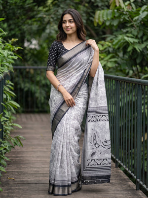 Polycotton White Black Kalamkari Peacock Pair Print Pallu Saree with Floral Paisley Body