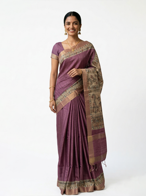 Semi Jute Dusty Mauve Printed Border Saree