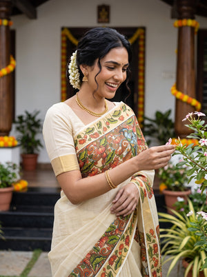 A woman wearing a traditional Indian saree stands in an outdoor courtyard. The saree is cream-colored with a wide border featuring a colorful floral pattern in red, green, and gold.