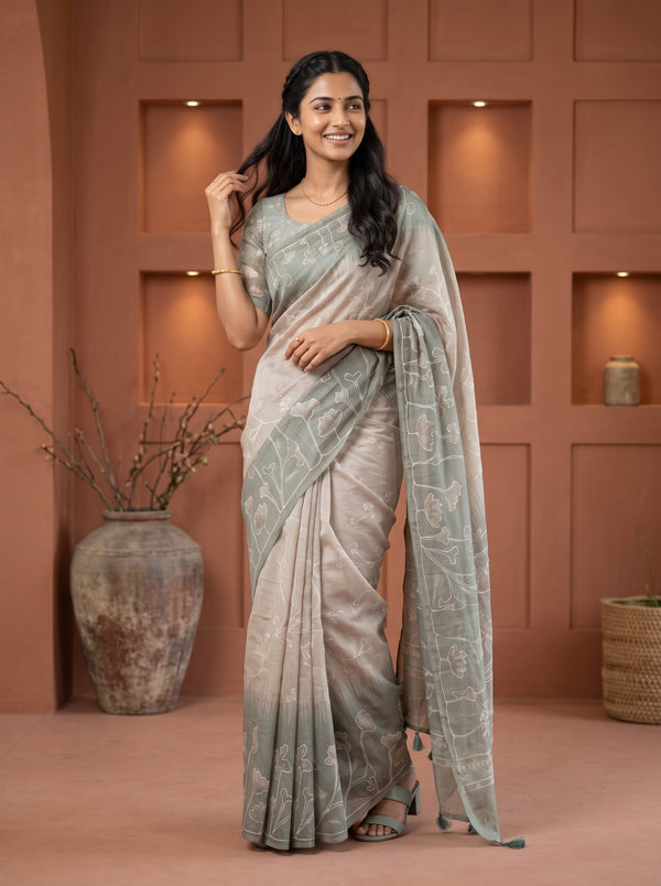Mul Chanderi Sage Green Saree with Watercolor Floral Outline Print