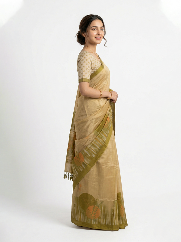 Semi Tussar Beige Olive Leaf Print Saree with Striped Woven Pallu