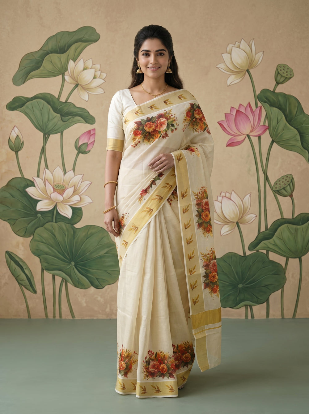 A woman stands with her back to the camera wearing a cream-colored sari with gold borders and lotus floral prints, set against a matching beige wall decorated with large lotus leaves and flowers.