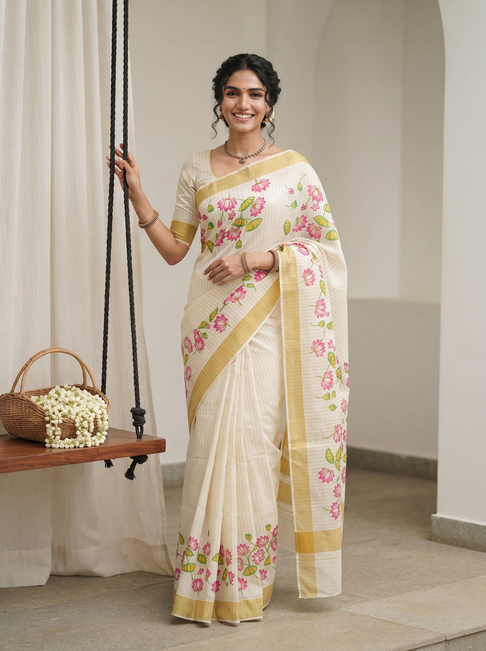 A woman wearing a cream-colored saree with pink floral prints and gold borders, standing in front of a wooden swing in a studio setting.