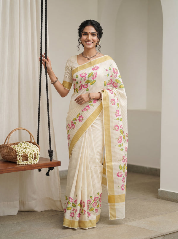 A woman models a cream-colored cotton saree with pink floral prints and gold borders, standing next to a hanging wooden swing in a neutral indoor setting.
