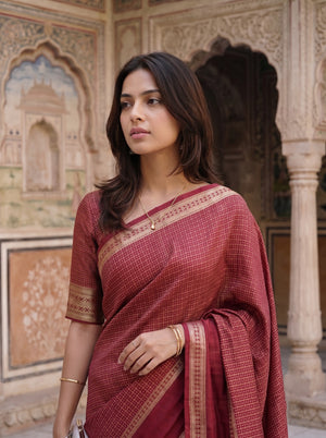 Semi Silk Red Saree with Golden Dotted Check Weave and Striped Border