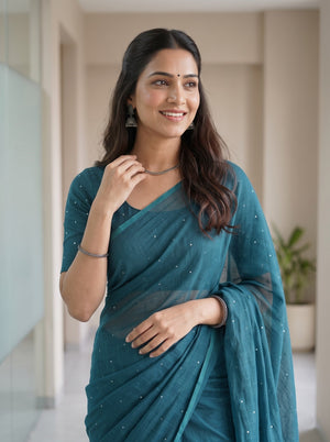 Mul Chanderi Saree in Teal with Sparkling Sequin Dot Embellishment