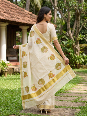 Tissue Cream Kerala Saree with Peacock and Pot Print Pallu, Golden Zari Border