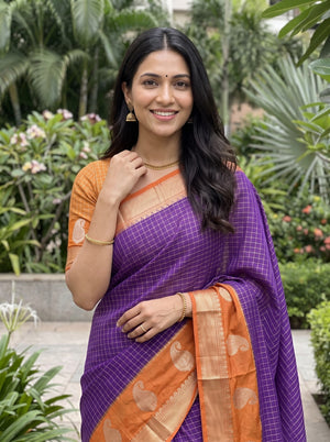 Chanderi Cotton Purple Orange Checkered Paisley Border Saree