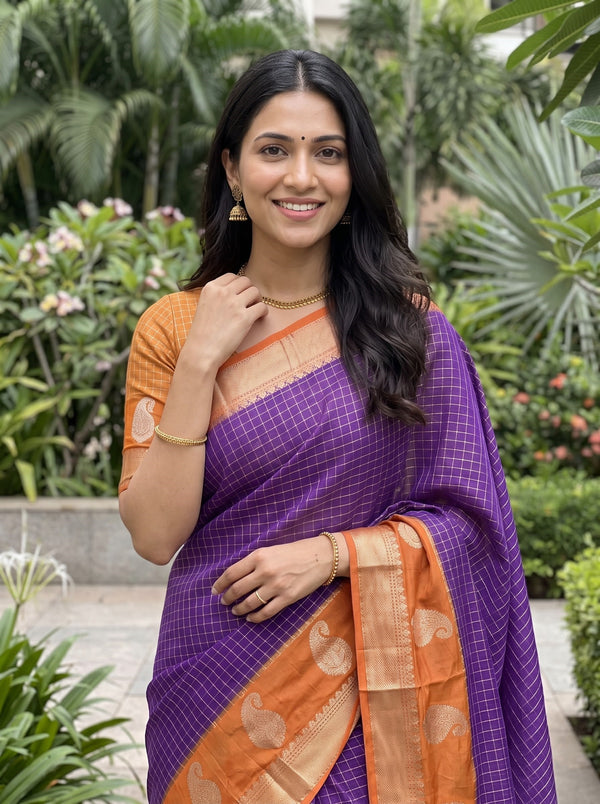Chanderi Cotton Purple Orange Checkered Paisley Border Saree