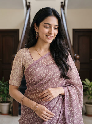 Net Kota Mauve-Beige Floral Vine Block Print Saree