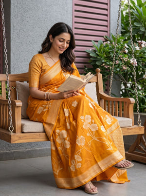 Organza Mustard Zari Flower Branch Butta Woven Border Saree