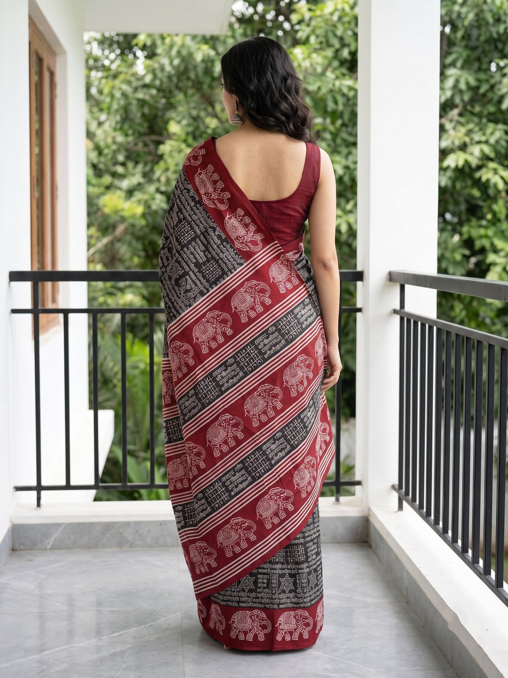 Synthetic Black Red Kalamkari Style Elephant Border Saree