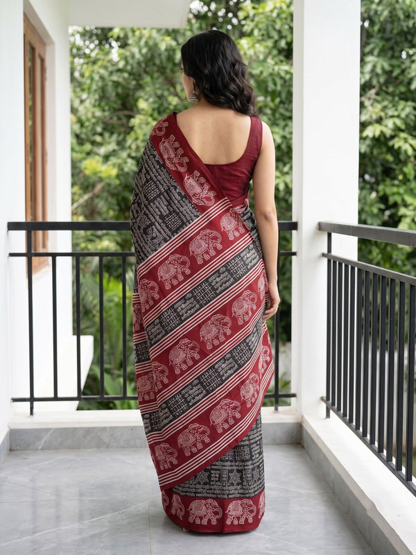 Synthetic Black Red Kalamkari Style Elephant Border Saree