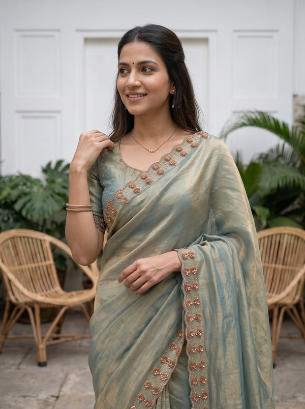 Chiffon Aqua Blue Plain Saree with Golden Beaded Border