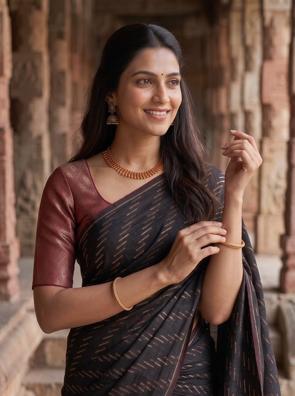 Matka Silk Black Red Diagonal Streak Zari Diamond Saree with Tassels