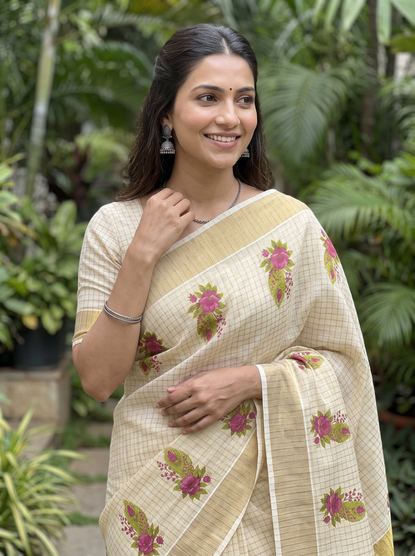Tissue Cream Magenta Rose Print Kerala Saree with Golden Zari Border
