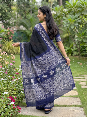 Georgette Black Navy Blue Batik Tribal Print Saree