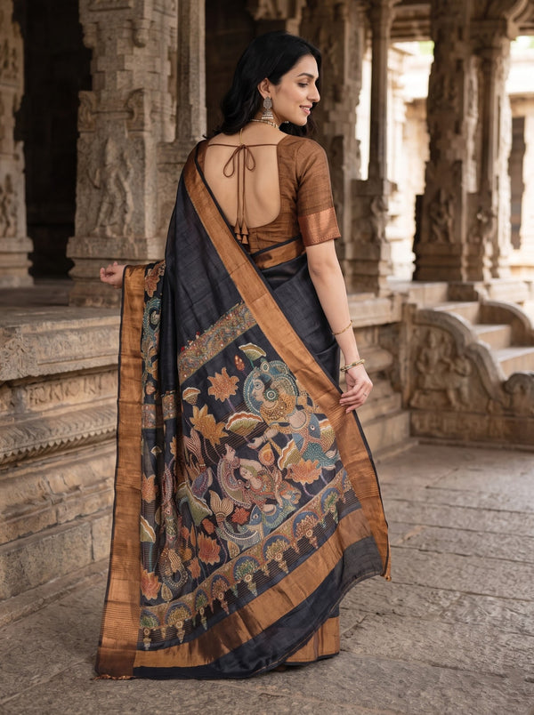 Tussar Silk Rust Brown and Black Kalamkari Saree with Embroidered Lotus Motif Pallu