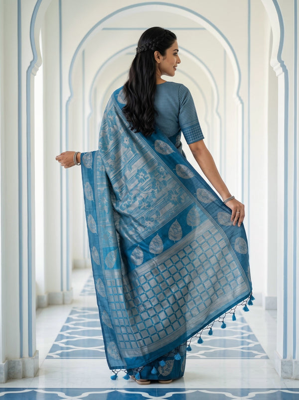 Matka Silk Teal Peacock Golden Zari Floral Checkered Pallu