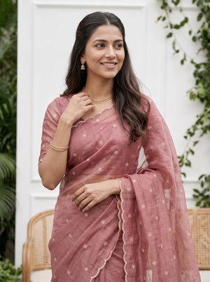 Organza Dusty Rose Pink Golden Floral Stem Applique Pallu Scalloped Edge  Saree