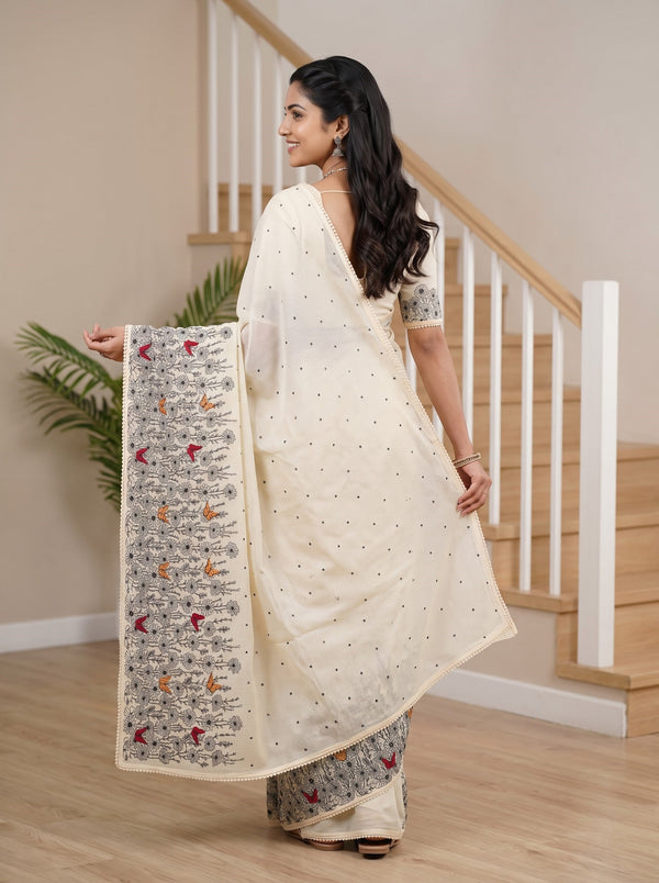 Net Kota Saree in Lemon Yellow with Black Floral Butterfly Print