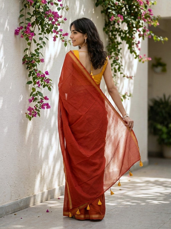 Mul Mul Cotton Rust Red Plain Saree with Golden Zari Border