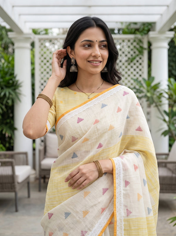 Linen Cream Yellow Ombre Multicolor Weave Lace Trim Saree