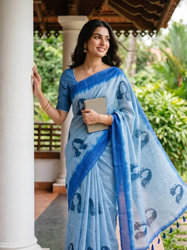 Cotton Sky Blue Navy Face Print Royal Blue Ombre Border Saree