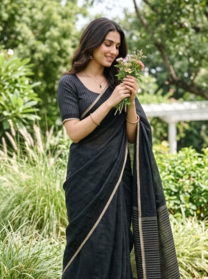 Linen Black Saree with Zari Striped Pallu & Tassels