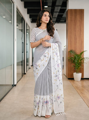 Cotton White Multicolor Floral Vine Striped Pallu Saree