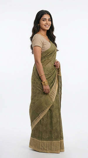 Cotton Olive Green Geometric Printed Saree