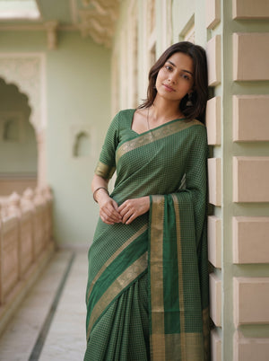 Semi Silk Bottle Green Golden Checkered Elephant Motif Saree