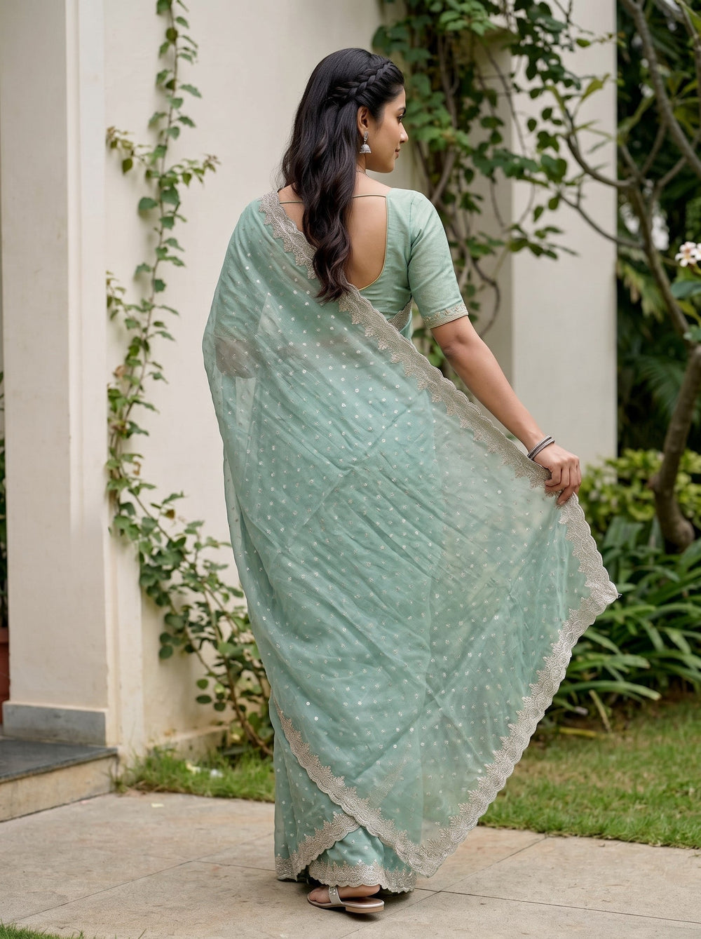 Chiffon Sea Green Golden Sequin Polka Dot Saree with Scalloped Lace Border