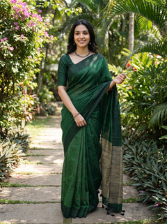 Linen Green Beige Colorblock Diagonal Border Saree