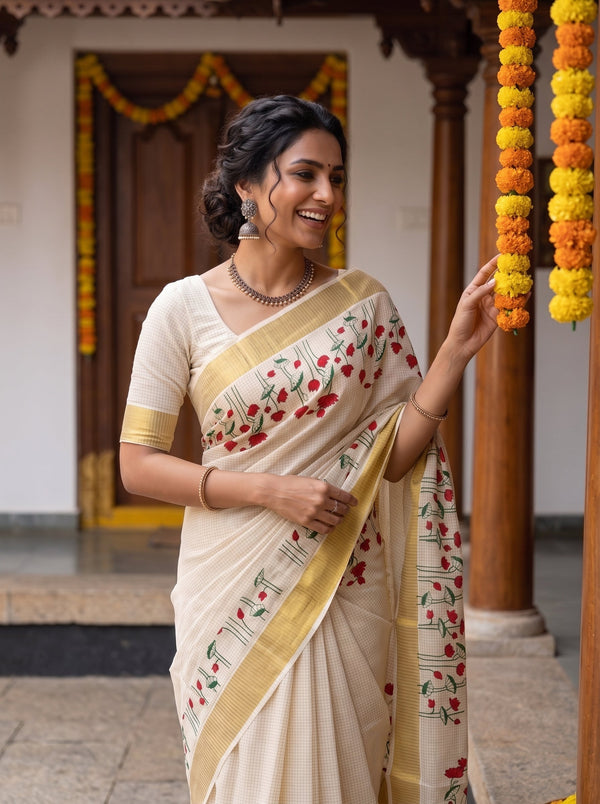 A woman wearing a cream-colored saree with red floral embroidery and a gold border, standing in front of a traditional building with yellow marigold garlands.