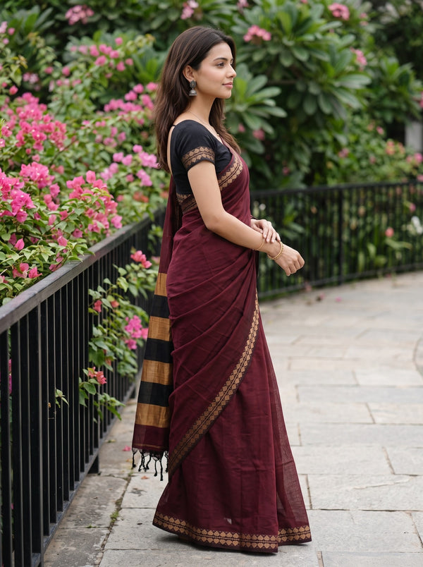 Cotton Wine Maroon Black Gold Striped Border Saree with Tassels