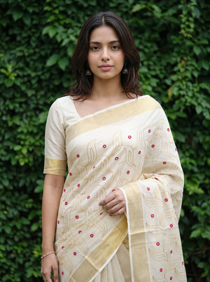 Tissue Cream Embroidered Leaf Kerala Kasavu Saree with Red Mirror Work