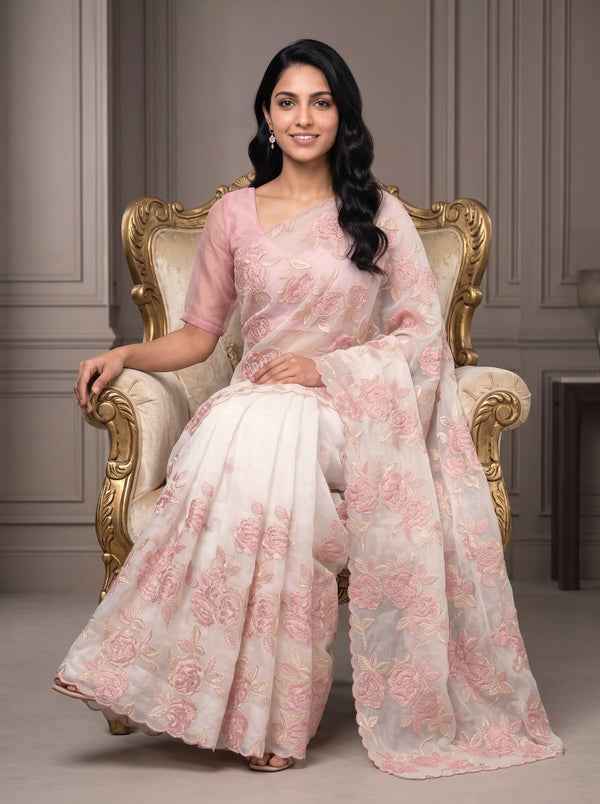 Turkish Organza Blush Pink Golden Rose Bunch Embroidery Scalloped Border Saree