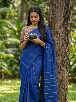 Cotton Royal Blue Saree with Multicolor Pinstripes and Paisley Print