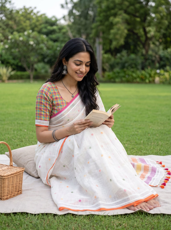 Linen Cream Saree with Multicolor Striped Pallu & Tassels
