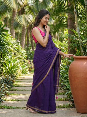 Mul Mul Cotton Deep Violet Purple Plain Saree with Golden Zari Border