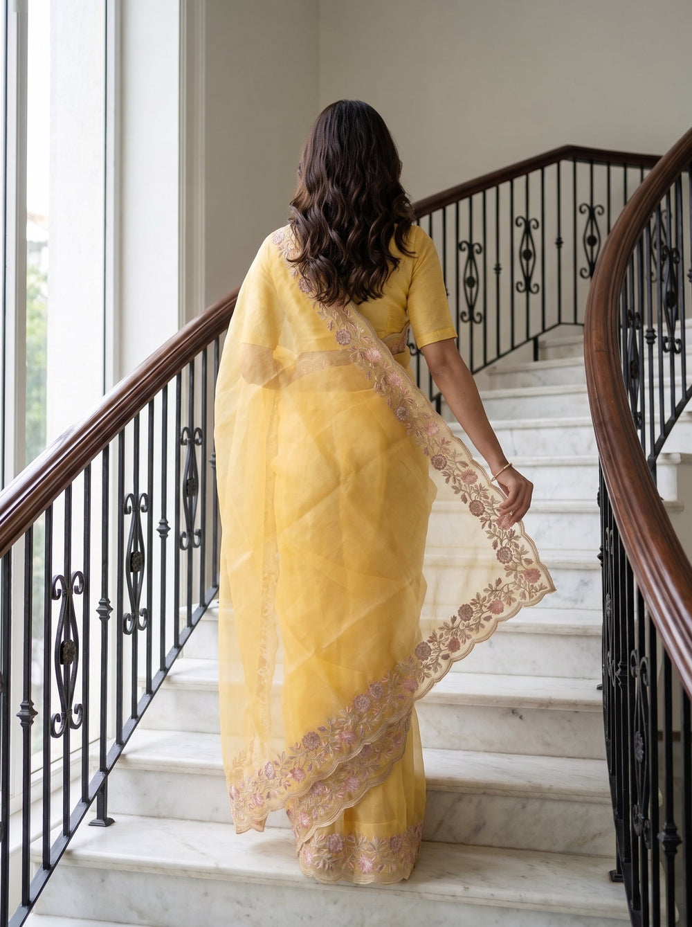 Organza Pastel Yellow Multicolor Floral Vine Embroidered Scalloped Border Saree
