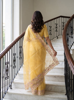 Organza Pastel Yellow Multicolor Floral Vine Embroidered Scalloped Border Saree